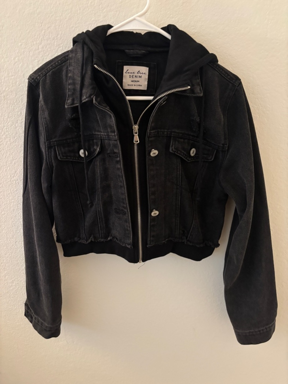 Black Layered Cropped Denim Jacket with Attached Hood